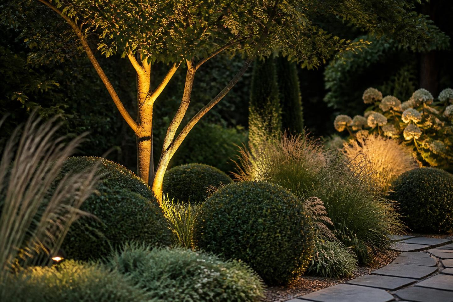 Layered garden planting concept with clipped shrubs, ornamental grasses and warm uplighting on a tree at twilight (illustrative concept imagery).