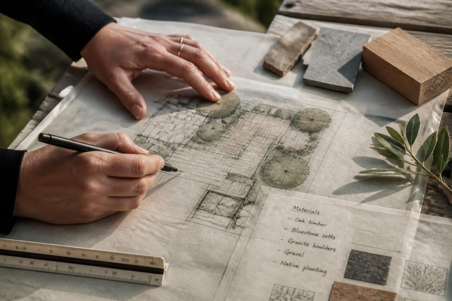 Hands drawing a landscape plan on tracing paper beside stone and timber material samples (illustrative concept imagery).