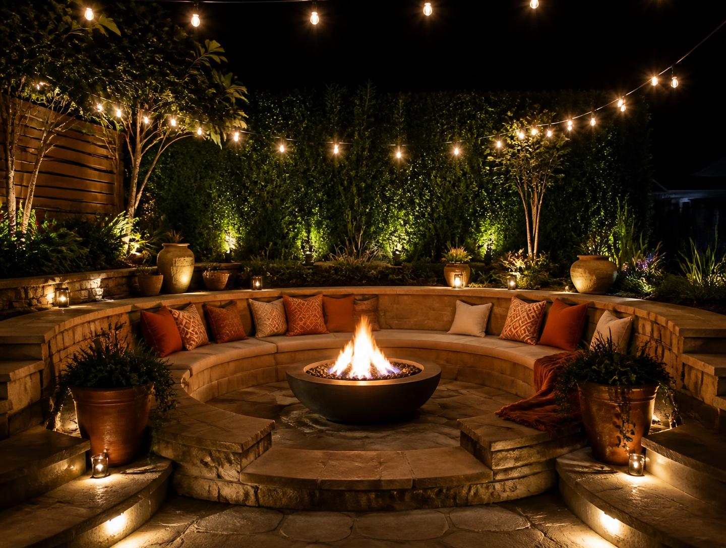 Circular sunken fire lounge concept with stone bench seating, cushions, planted hedge backdrop and string lighting (illustrative concept imagery).