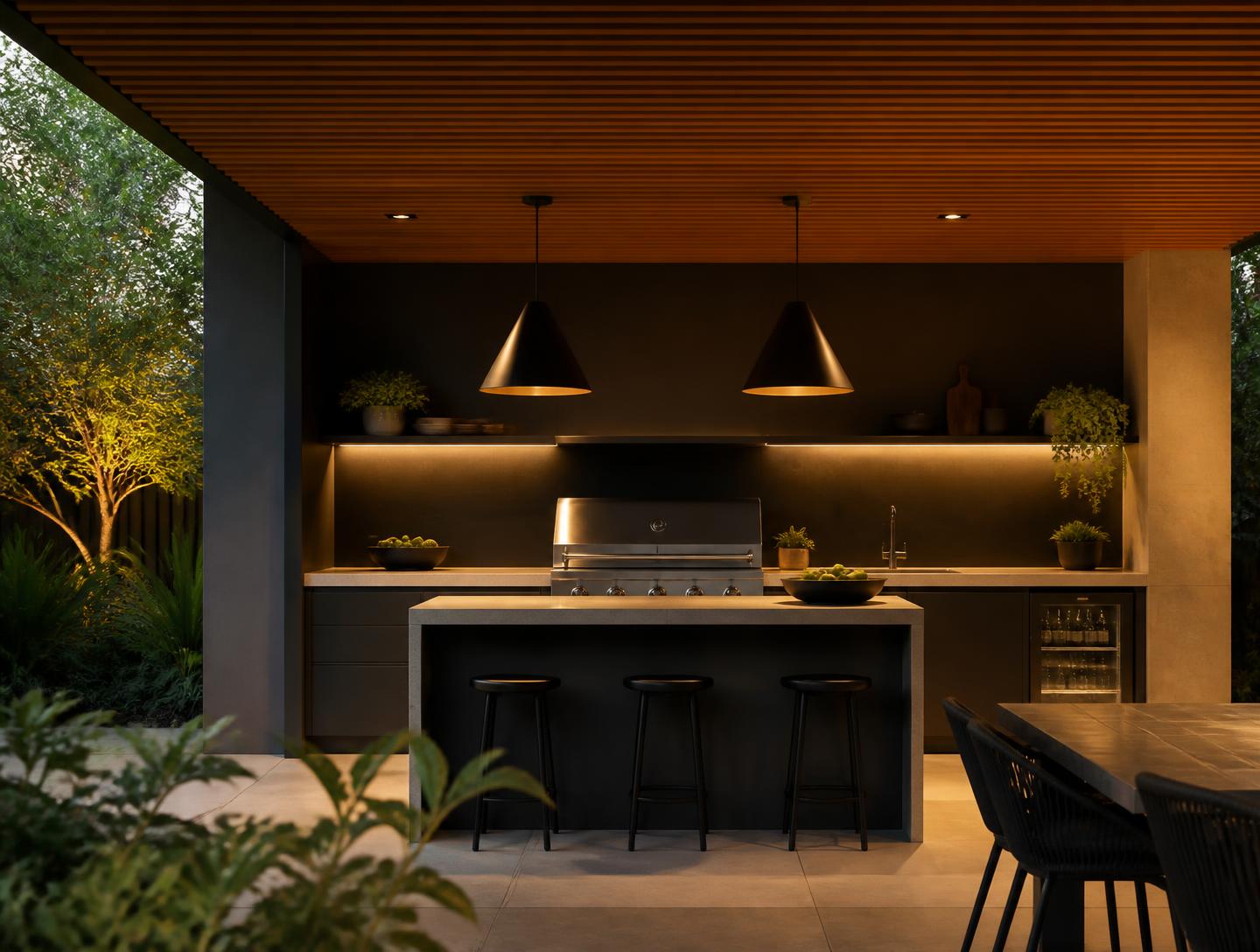 Covered outdoor kitchen pavilion concept with charcoal cabinetry, stone island seating and warm ceiling lighting at dusk (illustrative concept imagery).