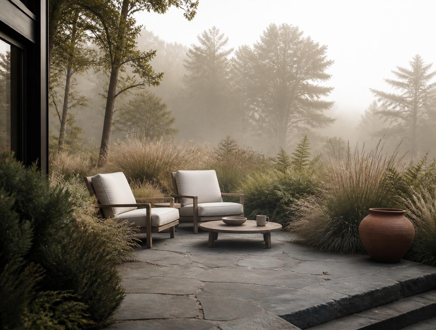 Small stone terrace concept with two lounge chairs, a round timber table and layered grasses in morning mist (illustrative concept imagery).